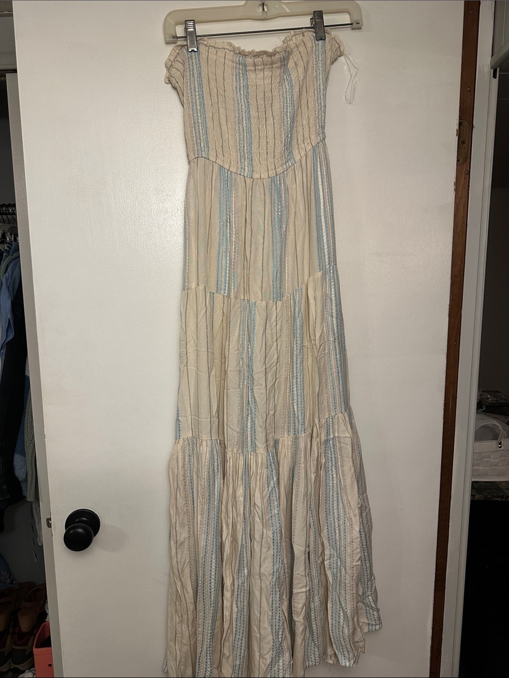 Elan Cream Strapless Maxi Dress with Light Blue Stripes